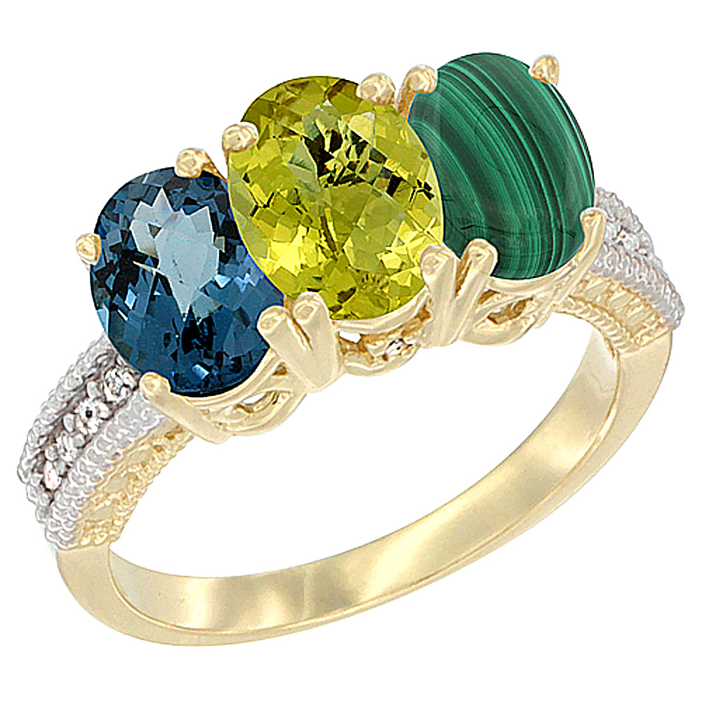 14K Yellow Gold Natural London Blue Topaz, Lemon Quartz & Malachite Ring 3-Stone 7x5 mm Oval Diamond Accent, sizes 5 - 10