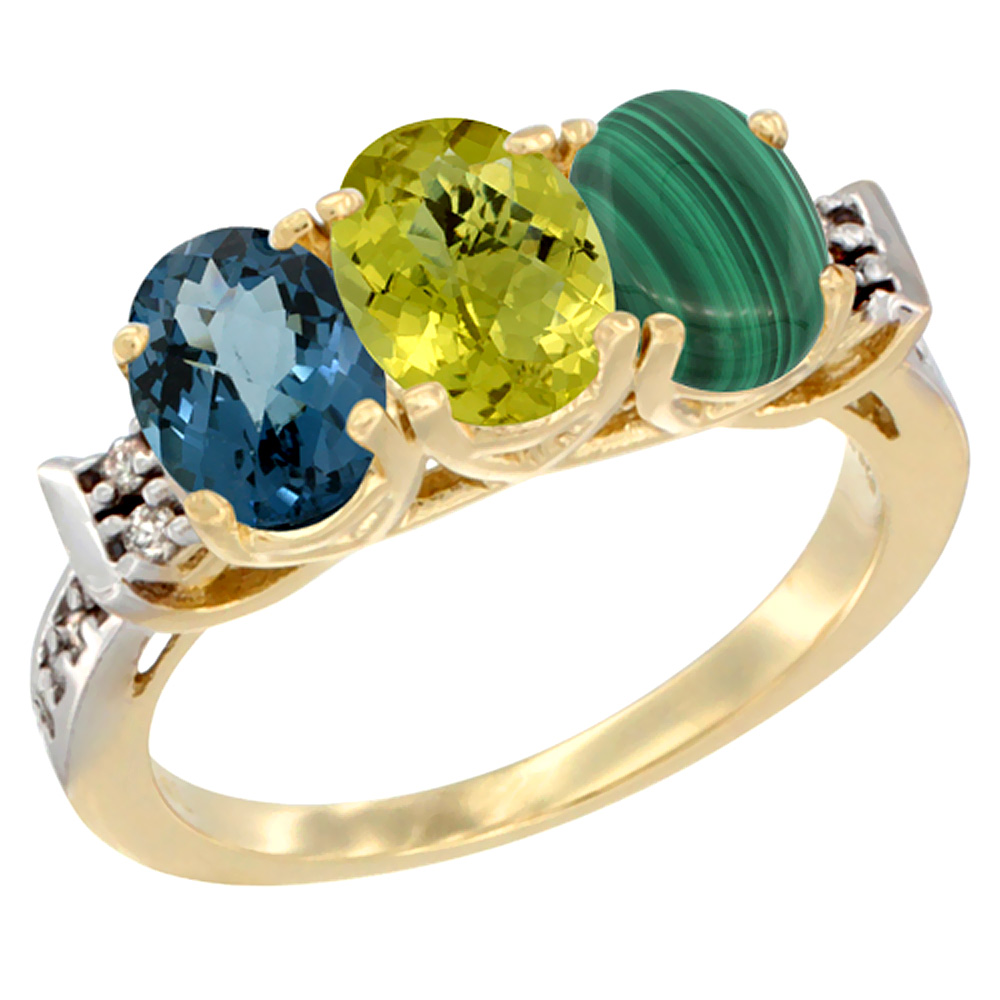 14K Yellow Gold Natural London Blue Topaz, Lemon Quartz & Malachite Ring 3-Stone 7x5 mm Oval Diamond Accent, sizes 5 - 10