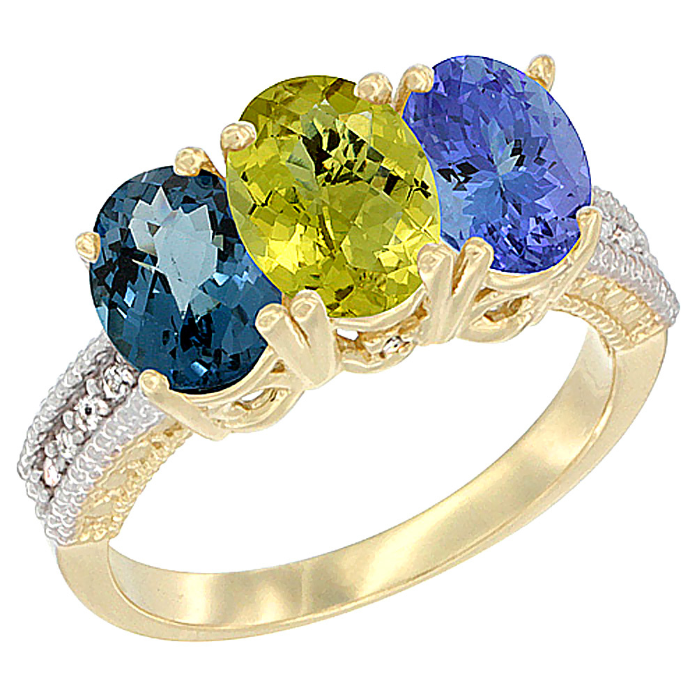 14K Yellow Gold Natural London Blue Topaz, Lemon Quartz & Tanzanite Ring 3-Stone 7x5 mm Oval Diamond Accent, sizes 5 - 10