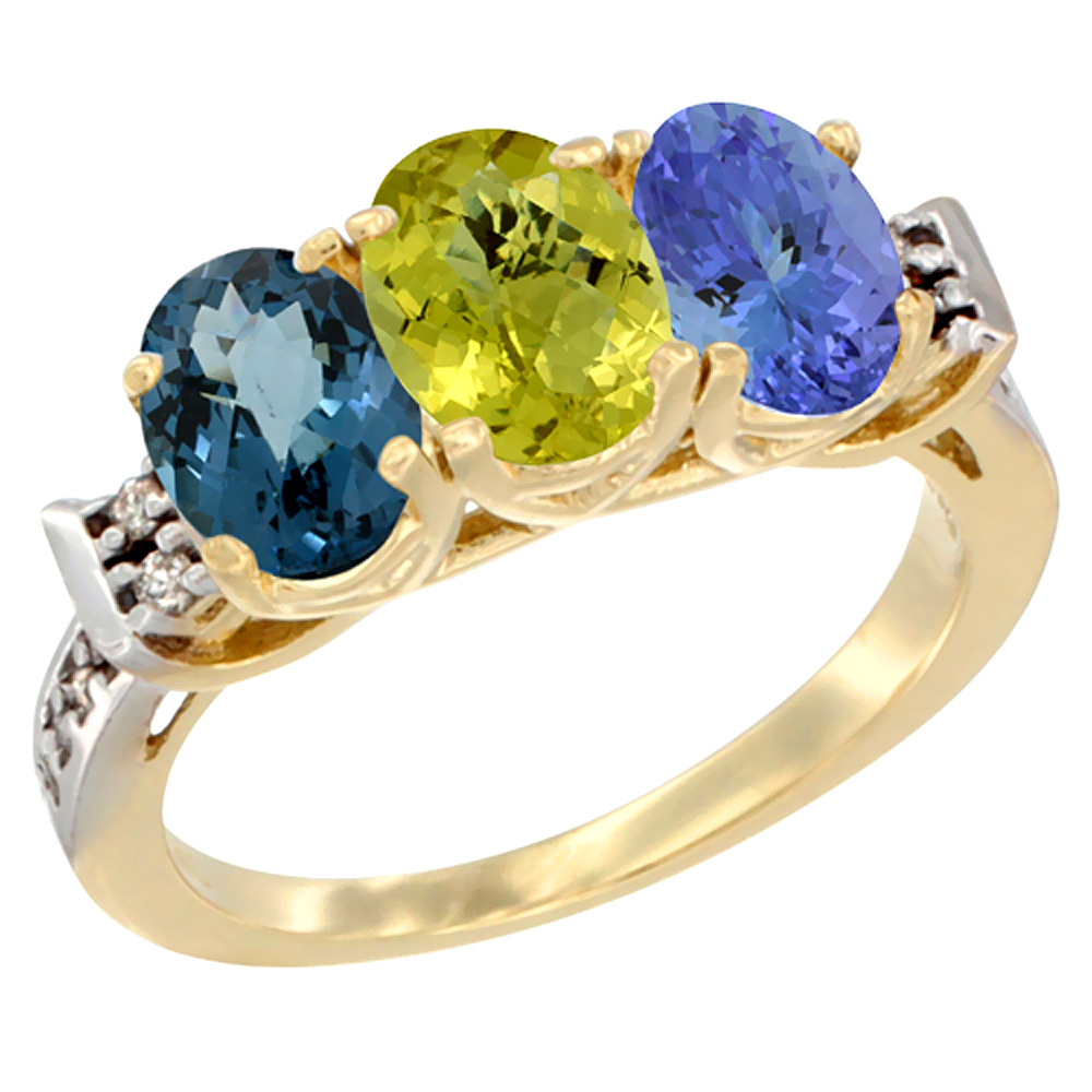 10K Yellow Gold Natural London Blue Topaz, Lemon Quartz & Tanzanite Ring 3-Stone Oval 7x5 mm Diamond Accent, sizes 5 - 10