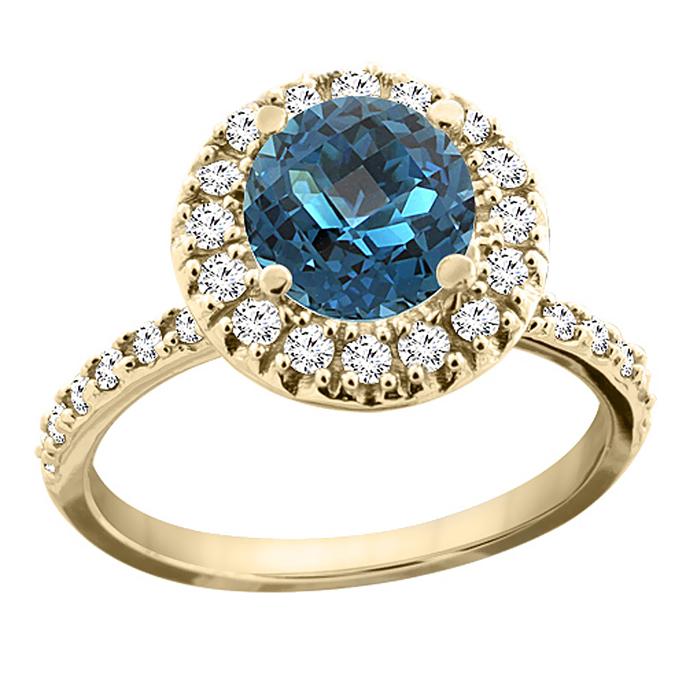 14K Yellow Gold Natural London Blue Topaz Ring Round 8mm Floating Halo Diamond, sizes 5 - 10