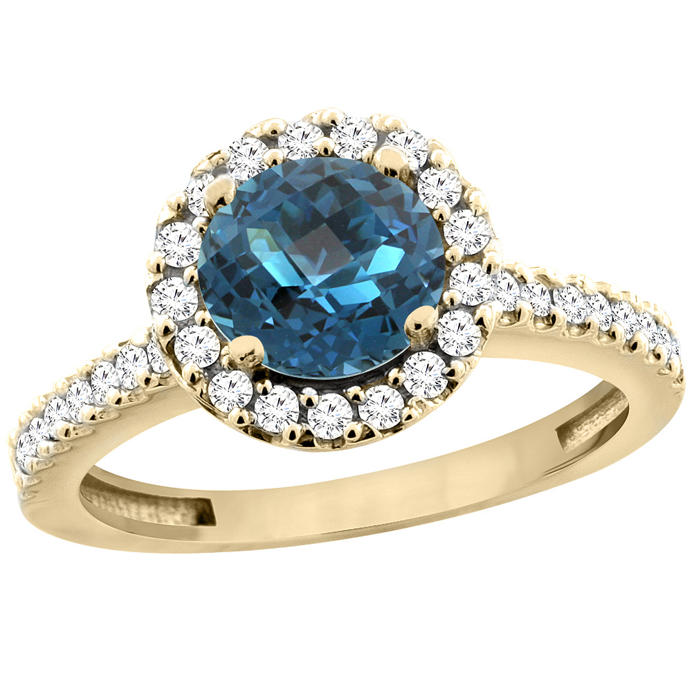 10K Yellow Gold Natural London Blue Topaz Ring Round 6mm Floating Halo Diamond, sizes 5 - 10