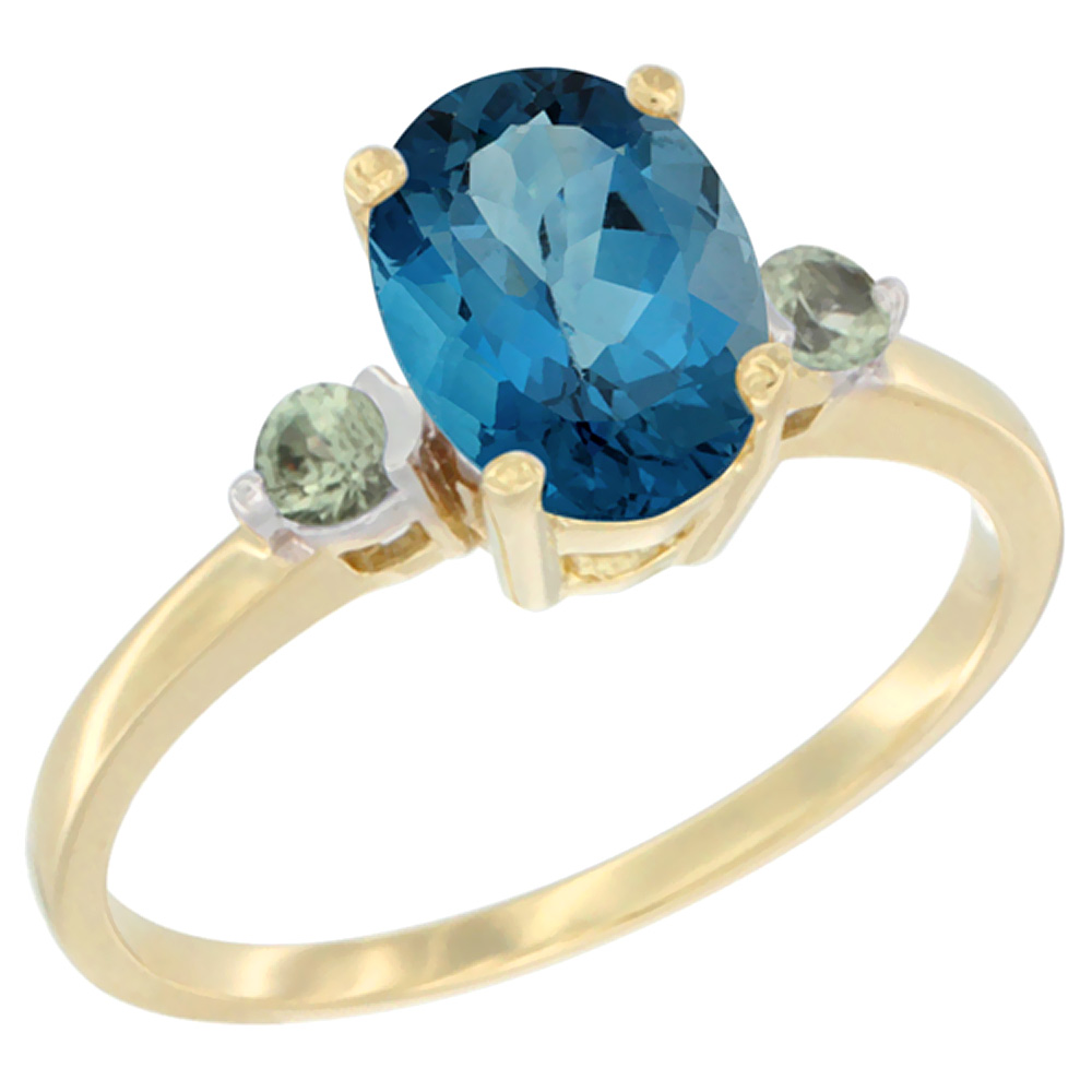14K Yellow Gold Natural London Blue Topaz Ring Oval 9x7 mm Green Sapphire Accent, sizes 5 to 10