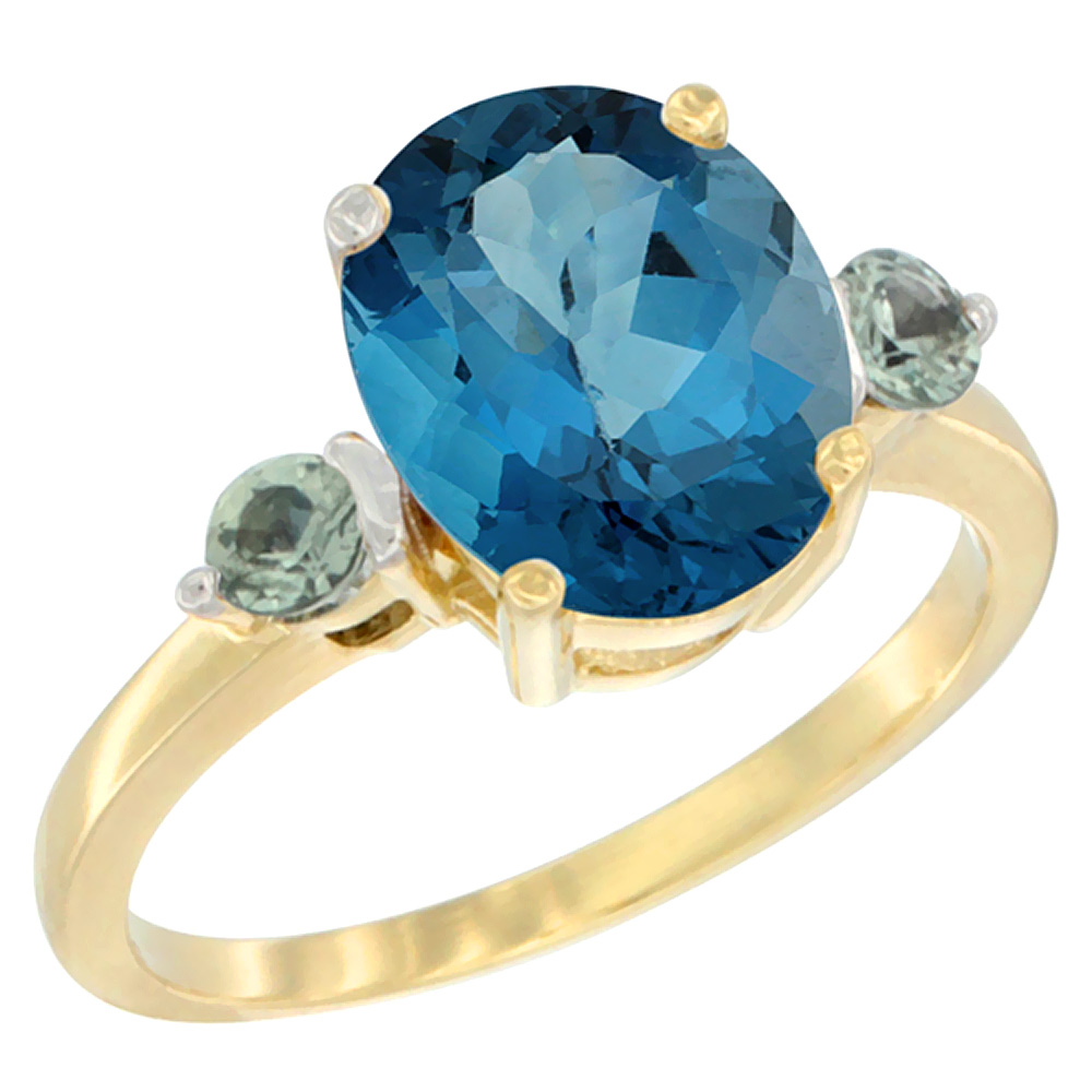 10K Yellow Gold 10x8mm Oval Natural London Blue Topaz Ring for Women Green Sapphire Side-stones sizes 5 - 10