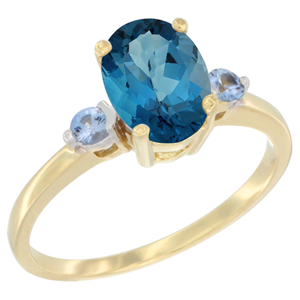 10K Yellow Gold Natural London Blue Topaz Ring Oval 9x7 mm Light Blue Sapphire Accent, sizes 5 to 10