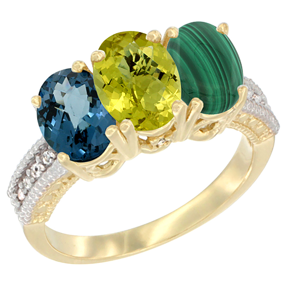 10K Yellow Gold Diamond Natural London Blue Topaz, Coral & Malachite Ring 3-Stone Oval 7x5 mm, sizes 5 - 10