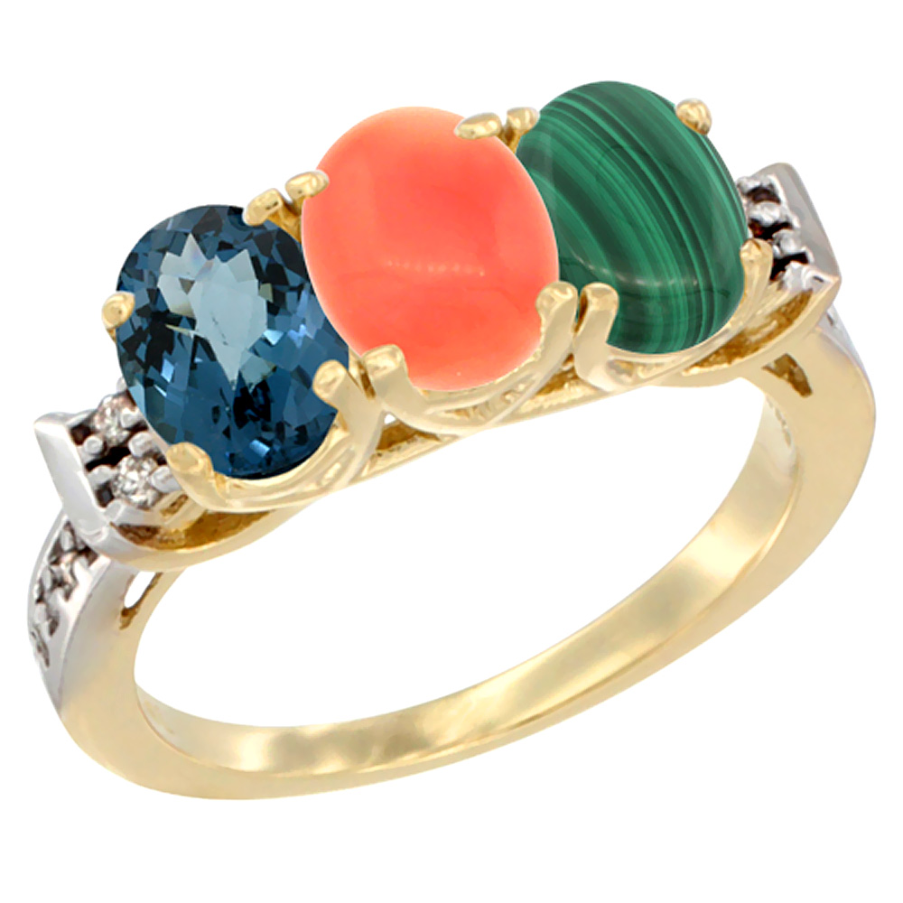 14K Yellow Gold Natural London Blue Topaz, Coral &amp; Malachite Ring 3-Stone 7x5 mm Oval Diamond Accent, sizes 5 - 10