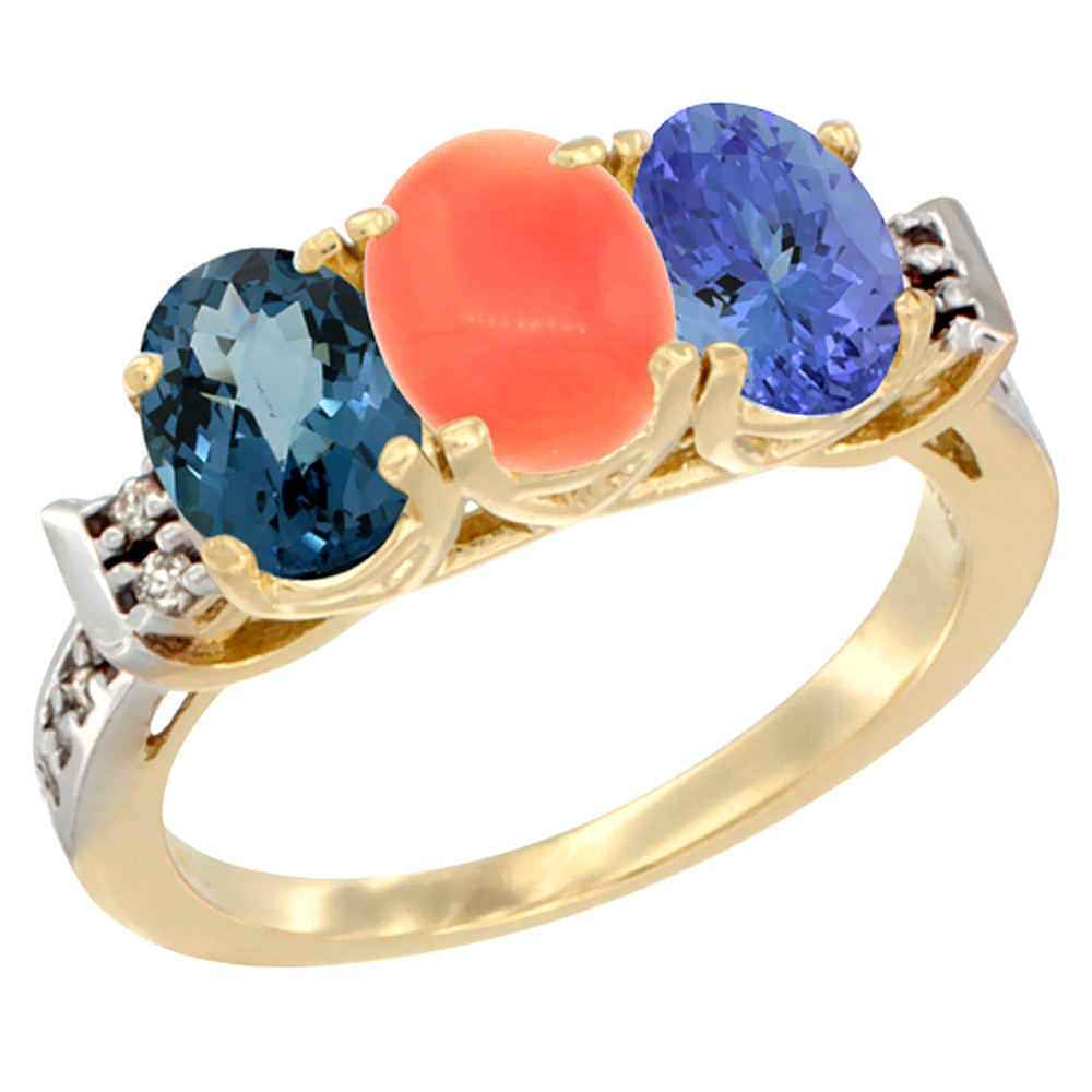 14K Yellow Gold Natural London Blue Topaz, Coral & Tanzanite Ring 3-Stone 7x5 mm Oval Diamond Accent, sizes 5 - 10