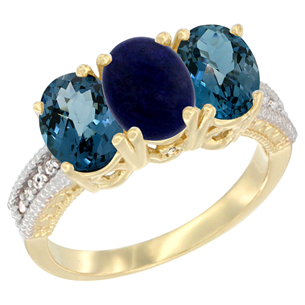 10K Yellow Gold Diamond Natural Lapis & London Blue Topaz Ring 3-Stone Oval 7x5 mm, sizes 5 - 10