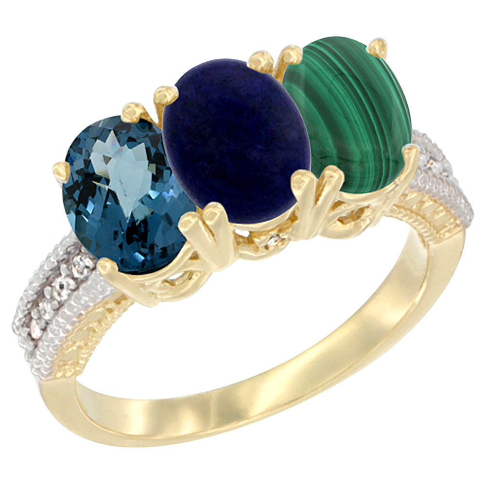 14K Yellow Gold Natural London Blue Topaz, Lapis & Malachite Ring 3-Stone 7x5 mm Oval Diamond Accent, sizes 5 - 10