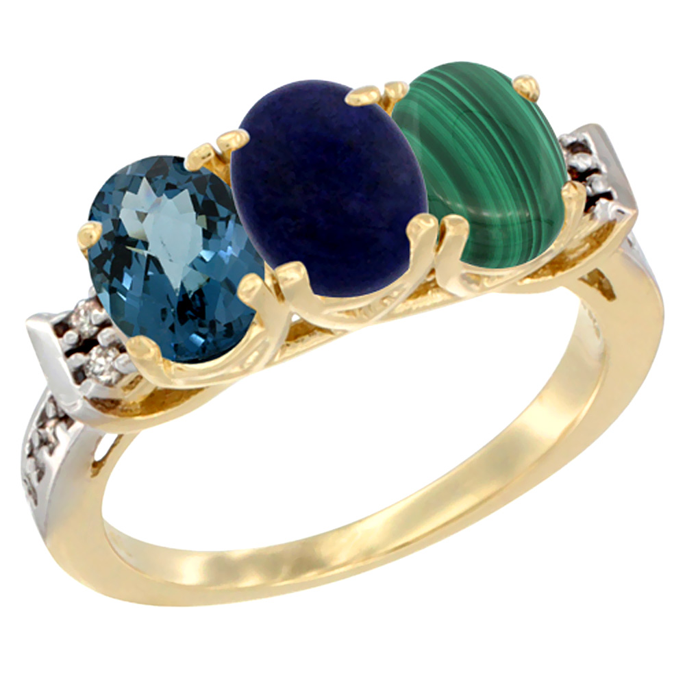 14K Yellow Gold Natural London Blue Topaz, Lapis & Malachite Ring 3-Stone 7x5 mm Oval Diamond Accent, sizes 5 - 10