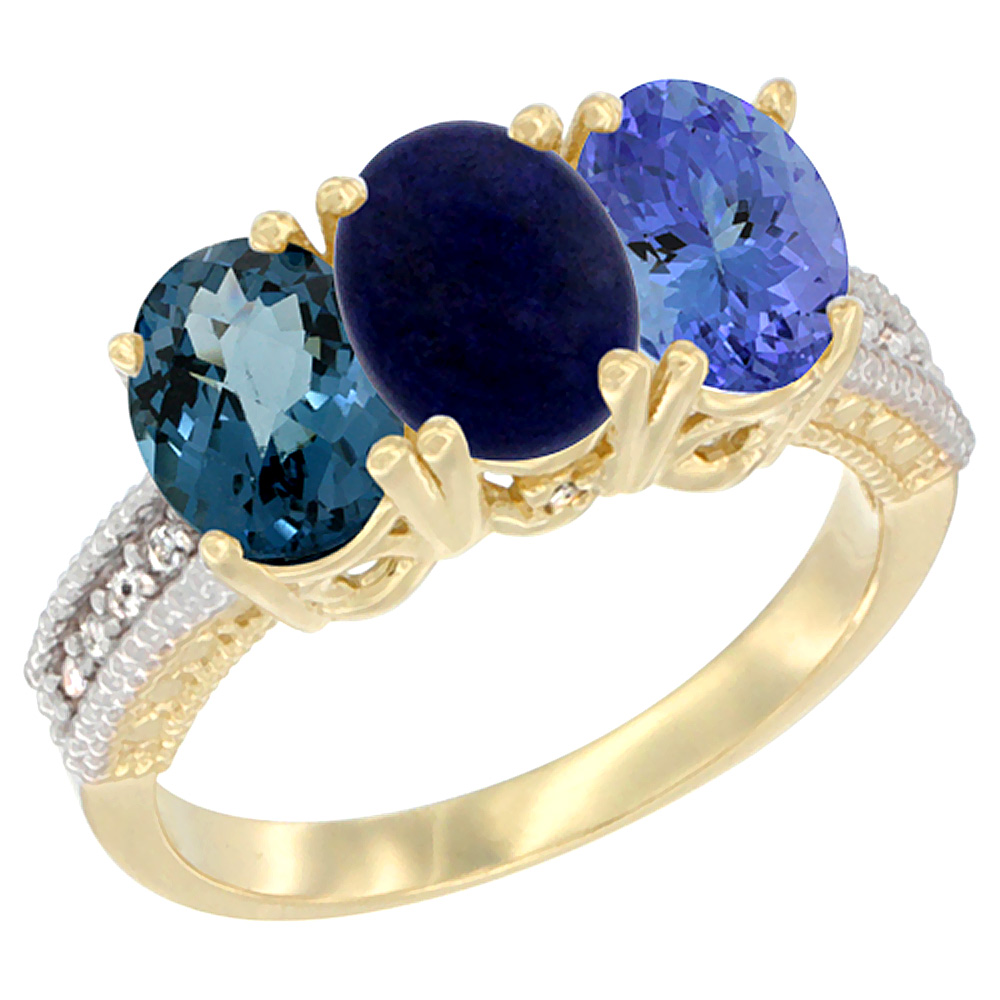 14K Yellow Gold Natural London Blue Topaz, Lapis &amp; Tanzanite Ring 3-Stone 7x5 mm Oval Diamond Accent, sizes 5 - 10