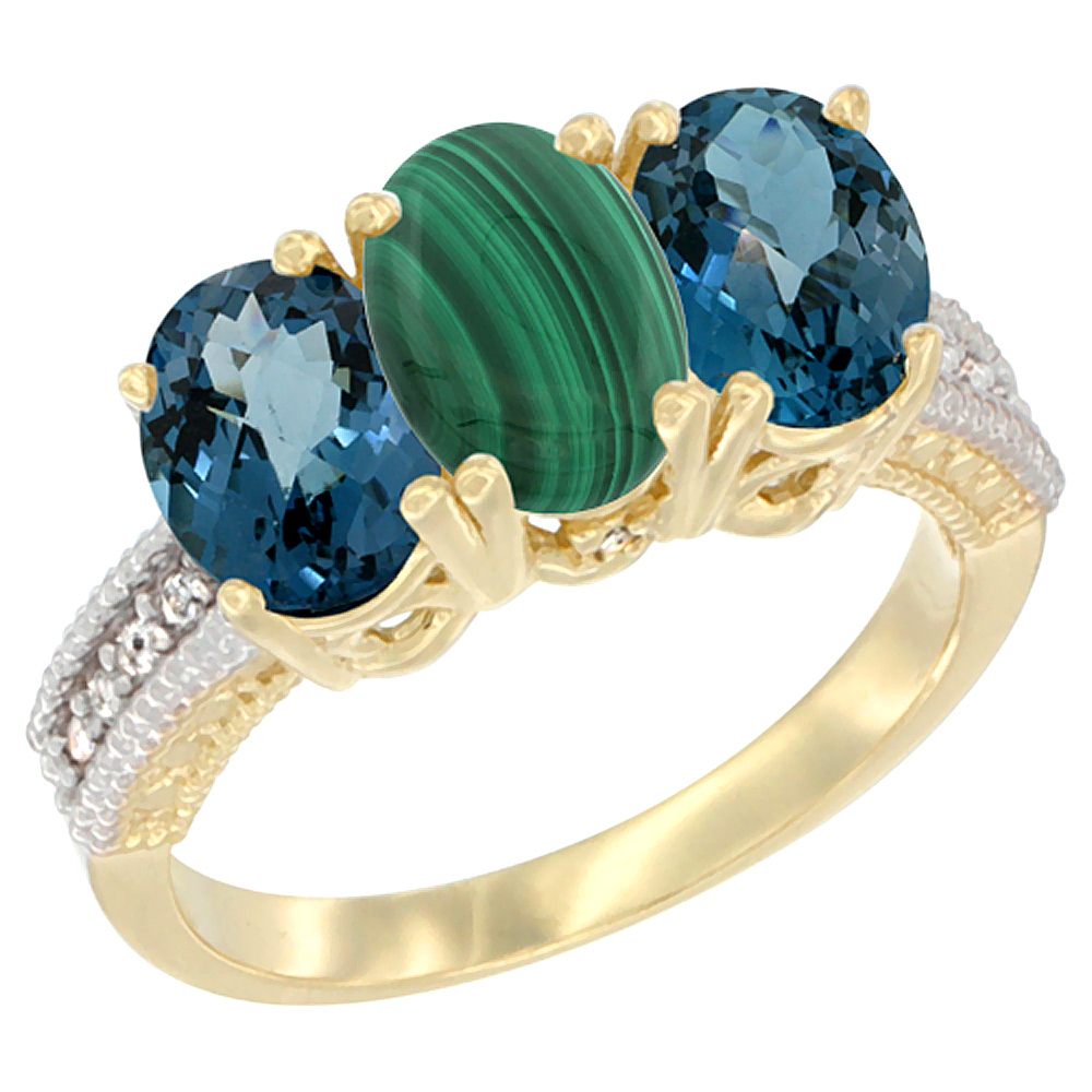 14K Yellow Gold Natural Malachite & London Blue Topaz Sides Ring 3-Stone 7x5 mm Oval Diamond Accent, sizes 5 - 10