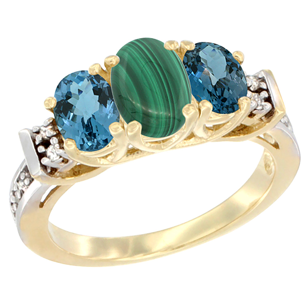 10K Yellow Gold Natural Malachite & London Blue Ring 3-Stone Oval Diamond Accent