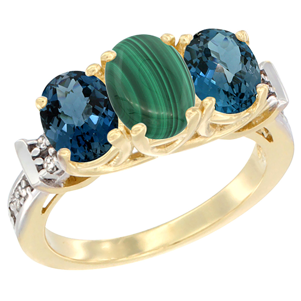 10K Yellow Gold Natural Malachite & London Blue Topaz Sides Ring 3-Stone Oval Diamond Accent, sizes 5 - 10