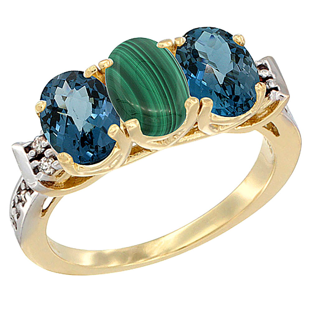 14K Yellow Gold Natural Malachite & London Blue Topaz Sides Ring 3-Stone 7x5 mm Oval Diamond Accent, sizes 5 - 10