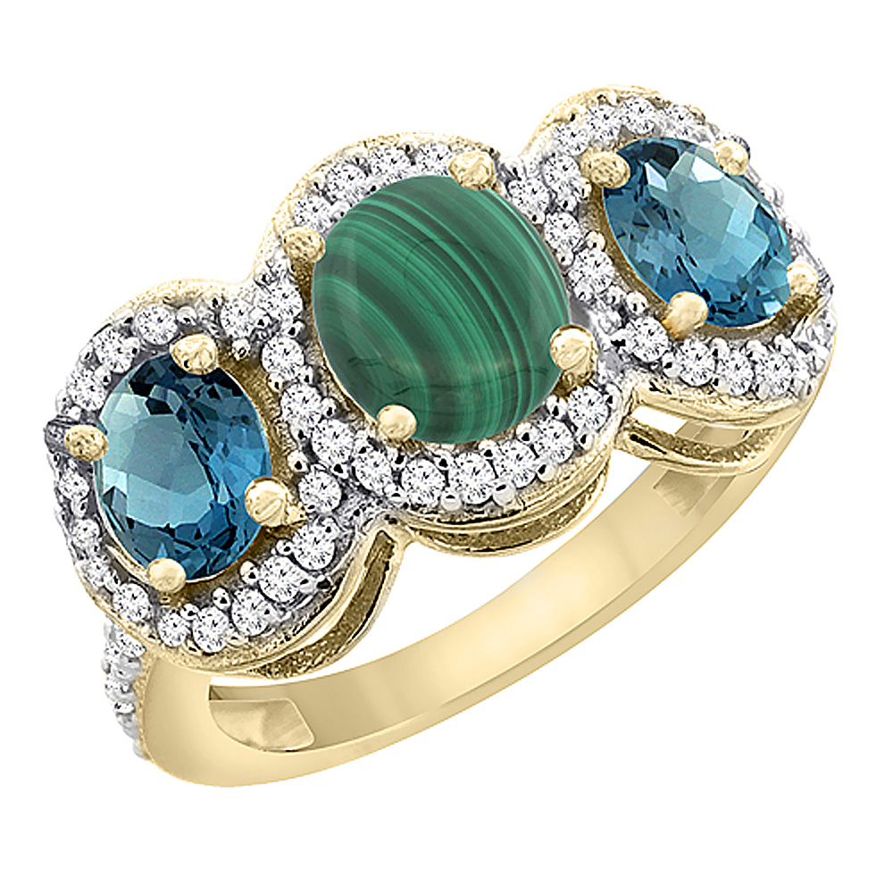 14K Yellow Gold Natural Malachite & London Blue Topaz 3-Stone Ring Oval Diamond Accent, sizes 5 - 10