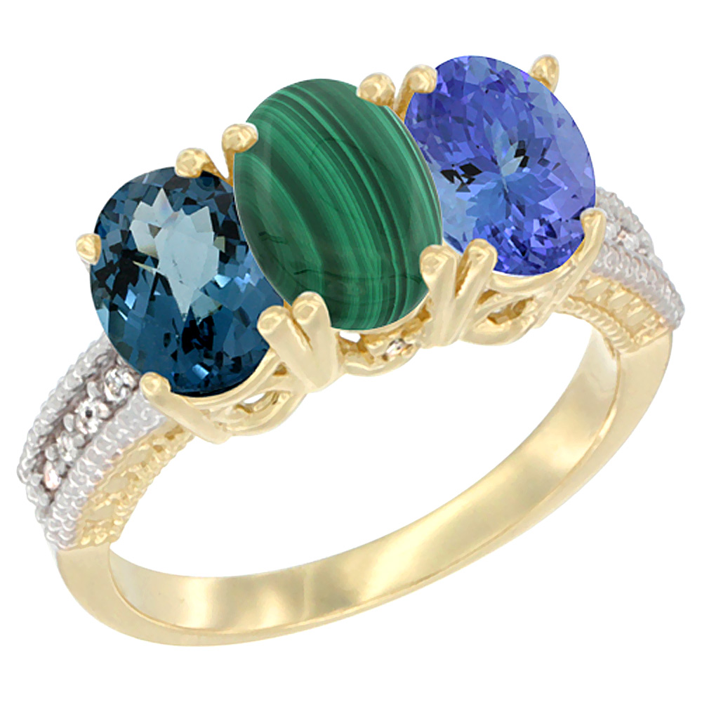 14K Yellow Gold Natural London Blue Topaz, Malachite & Tanzanite Ring 3-Stone 7x5 mm Oval Diamond Accent, sizes 5 - 10