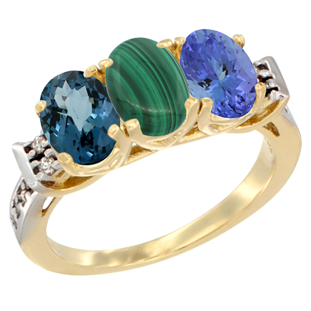 14K Yellow Gold Natural London Blue Topaz, Malachite & Tanzanite Ring 3-Stone 7x5 mm Oval Diamond Accent, sizes 5 - 10