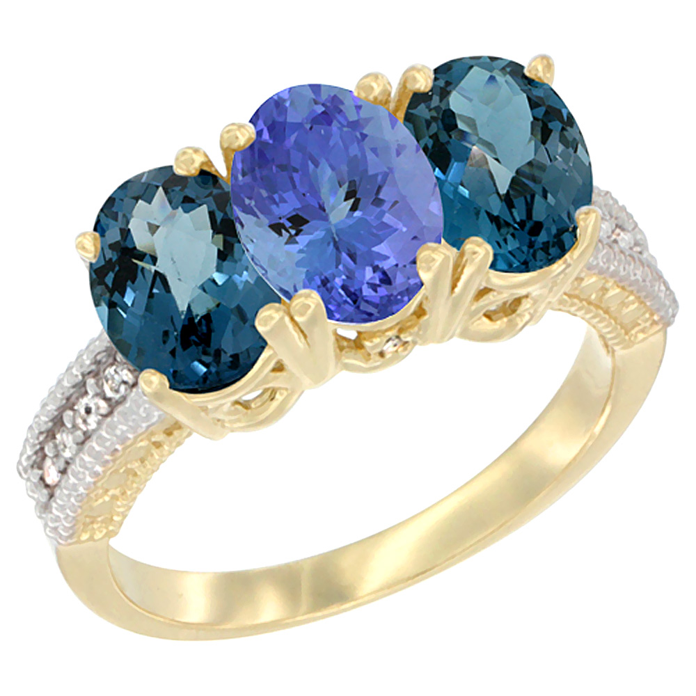 14K Yellow Gold Natural Tanzanite & London Blue Topaz Sides Ring 3-Stone 7x5 mm Oval Diamond Accent, sizes 5 - 10