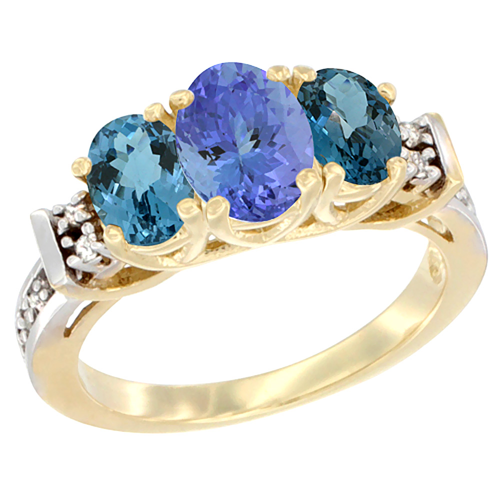 10K Yellow Gold Natural Tanzanite & London Blue Ring 3-Stone Oval Diamond Accent