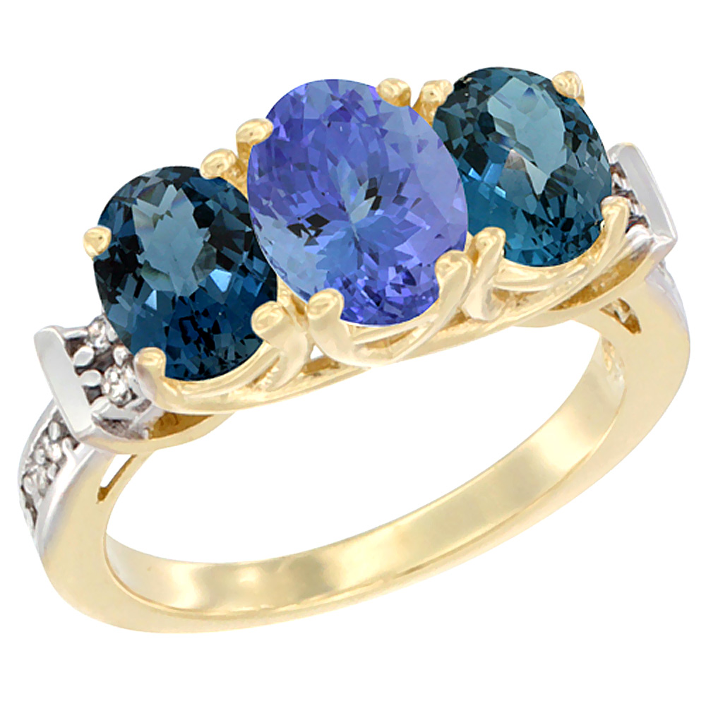 14K Yellow Gold Natural Tanzanite & London Blue Topaz Sides Ring 3-Stone Oval Diamond Accent, sizes 5 - 10