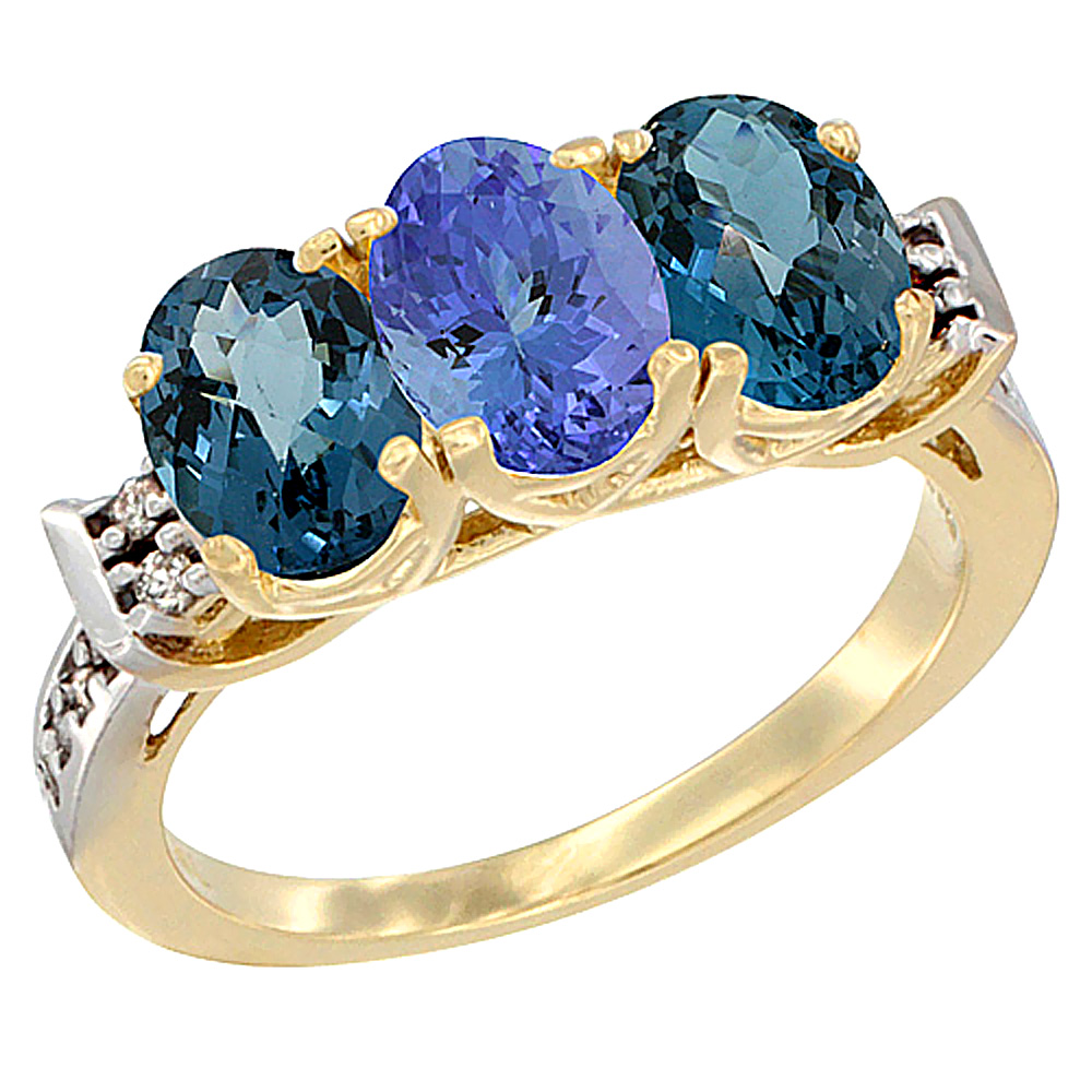 10K Yellow Gold Natural Tanzanite & London Blue Topaz Sides Ring 3-Stone Oval 7x5 mm Diamond Accent, sizes 5 - 10