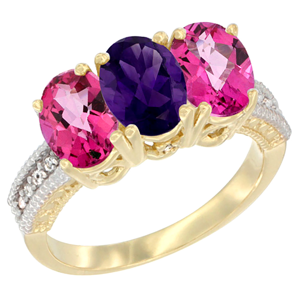 14K Yellow Gold Natural Amethyst & Pink Topaz Sides Ring 3-Stone 7x5 mm Oval Diamond Accent, sizes 5 - 10