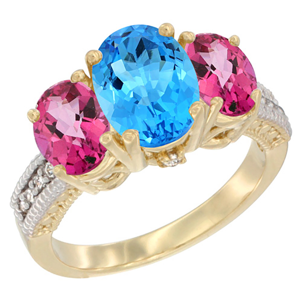 10K Yellow Gold Diamond Natural Swiss Blue Topaz Ring 3-Stone Oval 8x6mm with Pink Topaz, sizes5-10