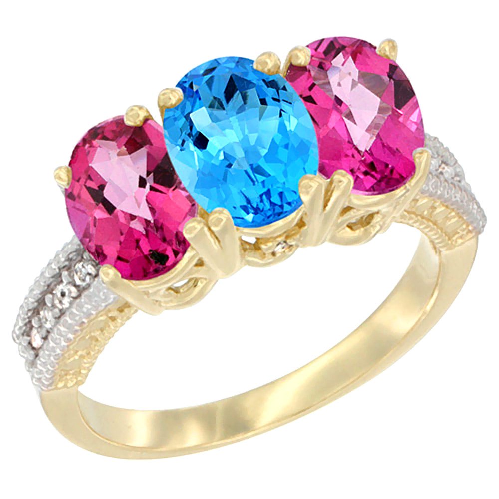 14K Yellow Gold Natural Swiss Blue Topaz & Pink Topaz Sides Ring 3-Stone 7x5 mm Oval Diamond Accent, sizes 5 - 10