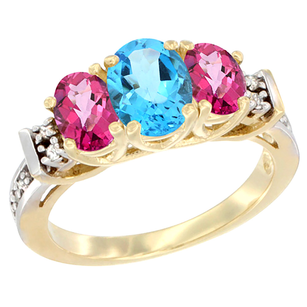 14K Yellow Gold Natural Swiss Blue Topaz &amp; Pink Topaz Ring 3-Stone Oval Diamond Accent