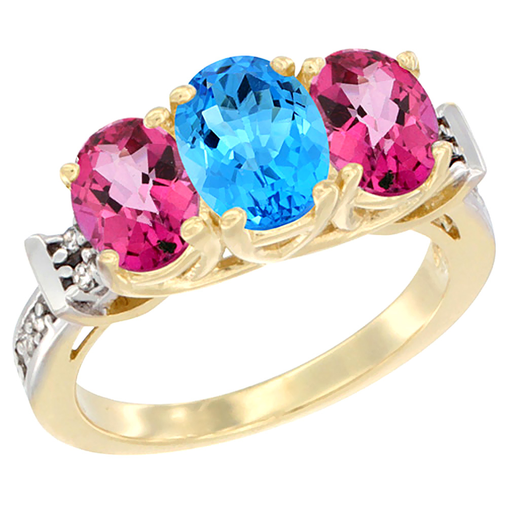 14K Yellow Gold Natural Swiss Blue Topaz &amp; Pink Topaz Sides Ring 3-Stone Oval Diamond Accent, sizes 5 - 10