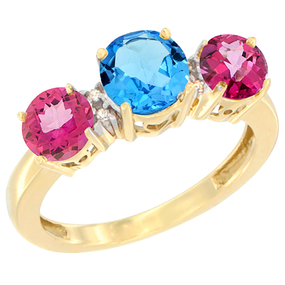 14K Yellow Gold Round 3-Stone Natural Swiss Blue Topaz Ring &amp; Pink Topaz Sides Diamond Accent, sizes 5 - 10
