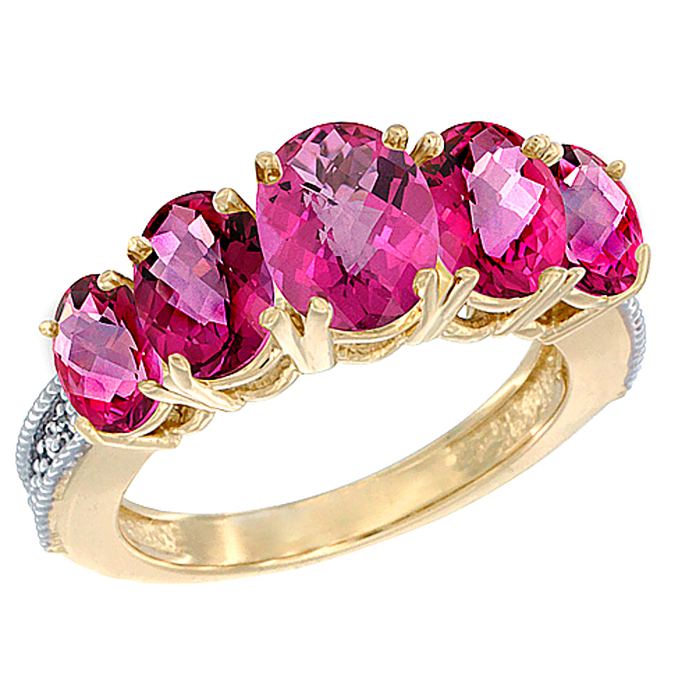 14K Yellow Gold Diamond Natural Pink Topaz Ring 5-stone Oval 8x6 Ctr,7x5,6x4 sides, sizes 5 - 10