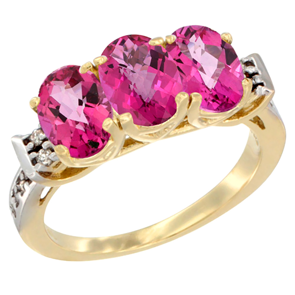 14K Yellow Gold Natural Pink Topaz Ring 3-Stone 7x5 mm Oval Diamond Accent, sizes 5 - 10