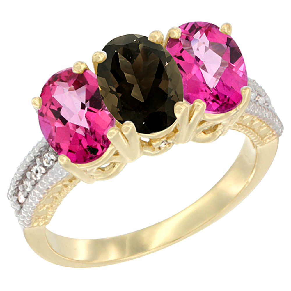 14K Yellow Gold Natural Smoky Topaz & Pink Topaz Sides Ring 3-Stone 7x5 mm Oval Diamond Accent, sizes 5 - 10