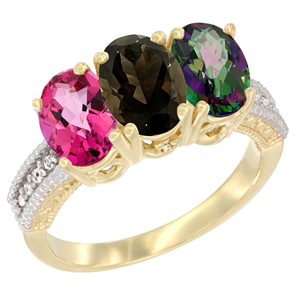 14K Yellow Gold Natural Pink Topaz, Smoky Topaz & Mystic Topaz Ring 3-Stone 7x5 mm Oval Diamond Accent, sizes 5 - 10