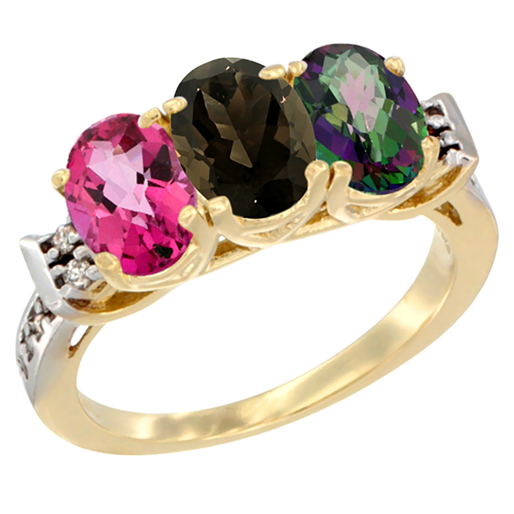 10K Yellow Gold Natural Pink Topaz, Smoky Topaz &amp; Mystic Topaz Ring 3-Stone Oval 7x5 mm Diamond Accent, sizes 5 - 10