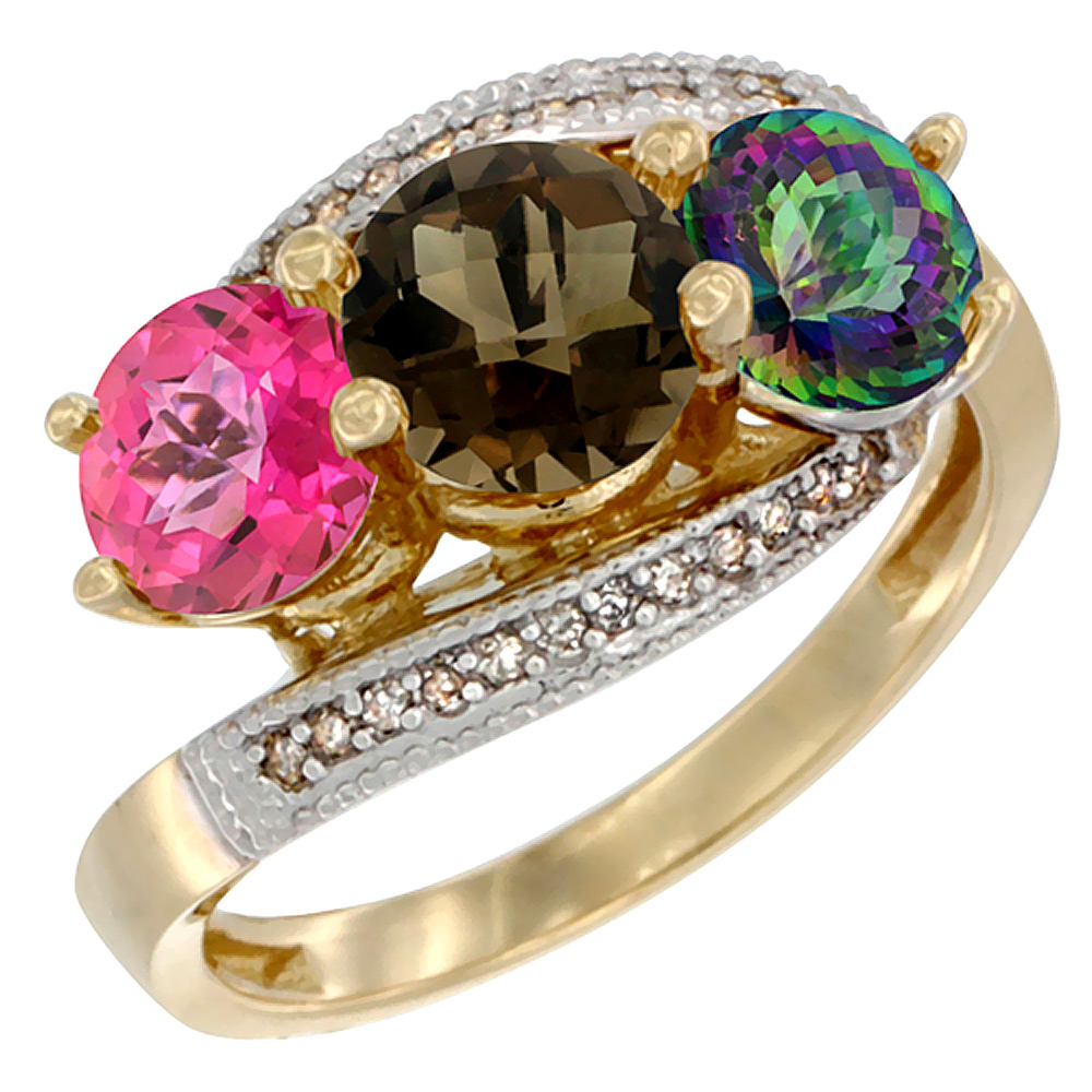 10K Yellow Gold Natural Pink Topaz, Smoky &amp; Mystic Topaz 3 stone Ring Round 6mm Diamond Accent, sizes 5 - 10