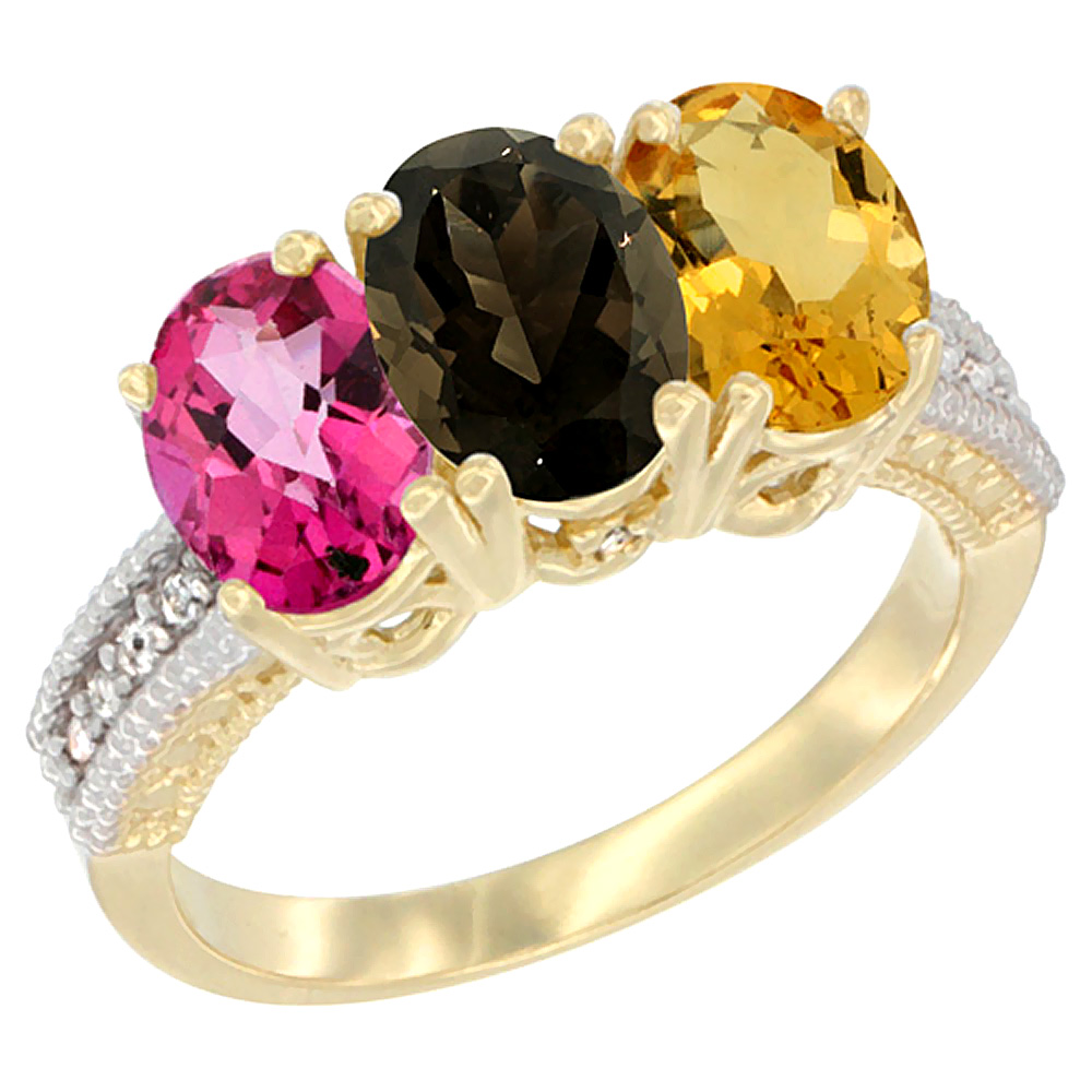 14K Yellow Gold Natural Pink Topaz, Smoky Topaz & Citrine Ring 3-Stone 7x5 mm Oval Diamond Accent, sizes 5 - 10