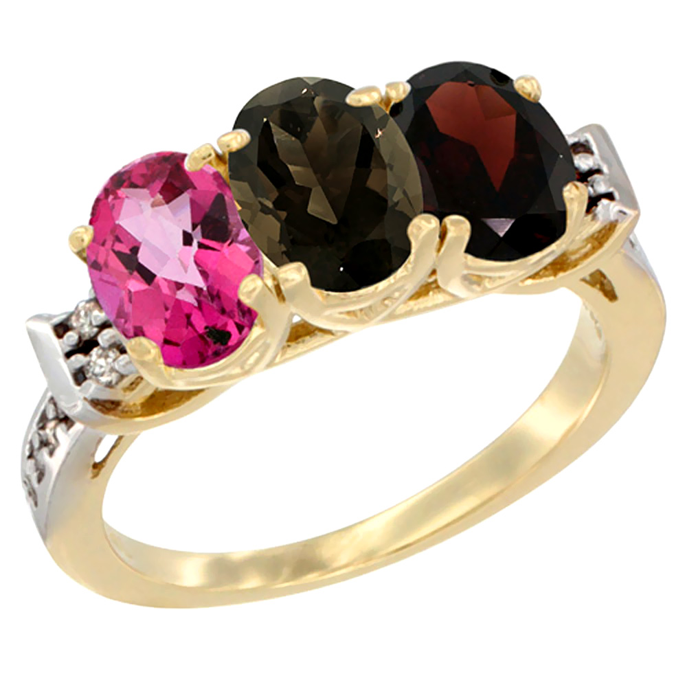 14K Yellow Gold Natural Pink Topaz, Smoky Topaz & Garnet Ring 3-Stone 7x5 mm Oval Diamond Accent, sizes 5 - 10