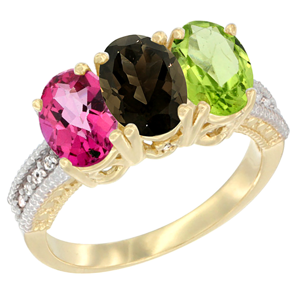 10K Yellow Gold Diamond Natural Pink Topaz, Smoky Topaz & Peridot Ring 3-Stone Oval 7x5 mm, sizes 5 - 10