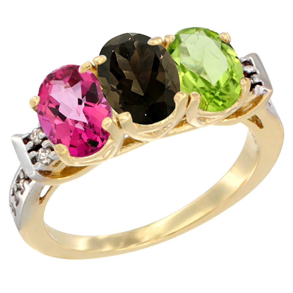 10K Yellow Gold Natural Pink Topaz, Smoky Topaz &amp; Peridot Ring 3-Stone Oval 7x5 mm Diamond Accent, sizes 5 - 10