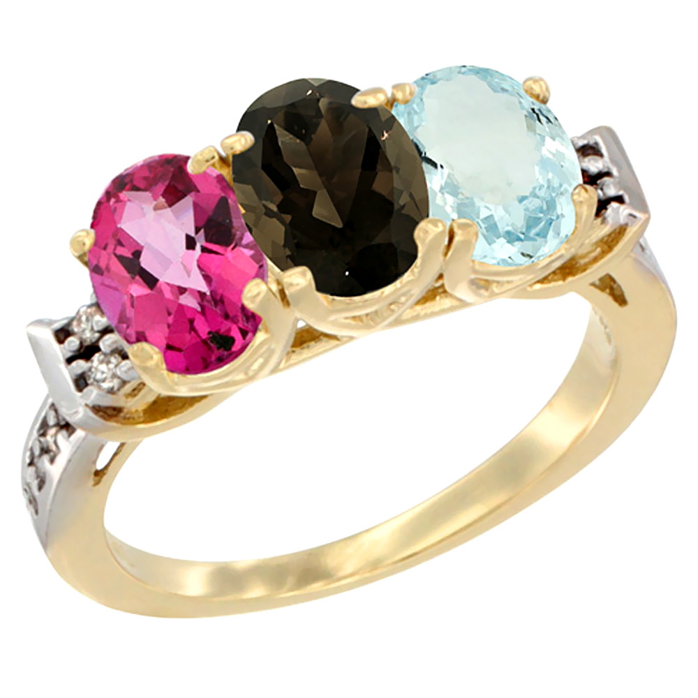 10K Yellow Gold Natural Pink Topaz, Smoky Topaz & Aquamarine Ring 3-Stone Oval 7x5 mm Diamond Accent, sizes 5 - 10