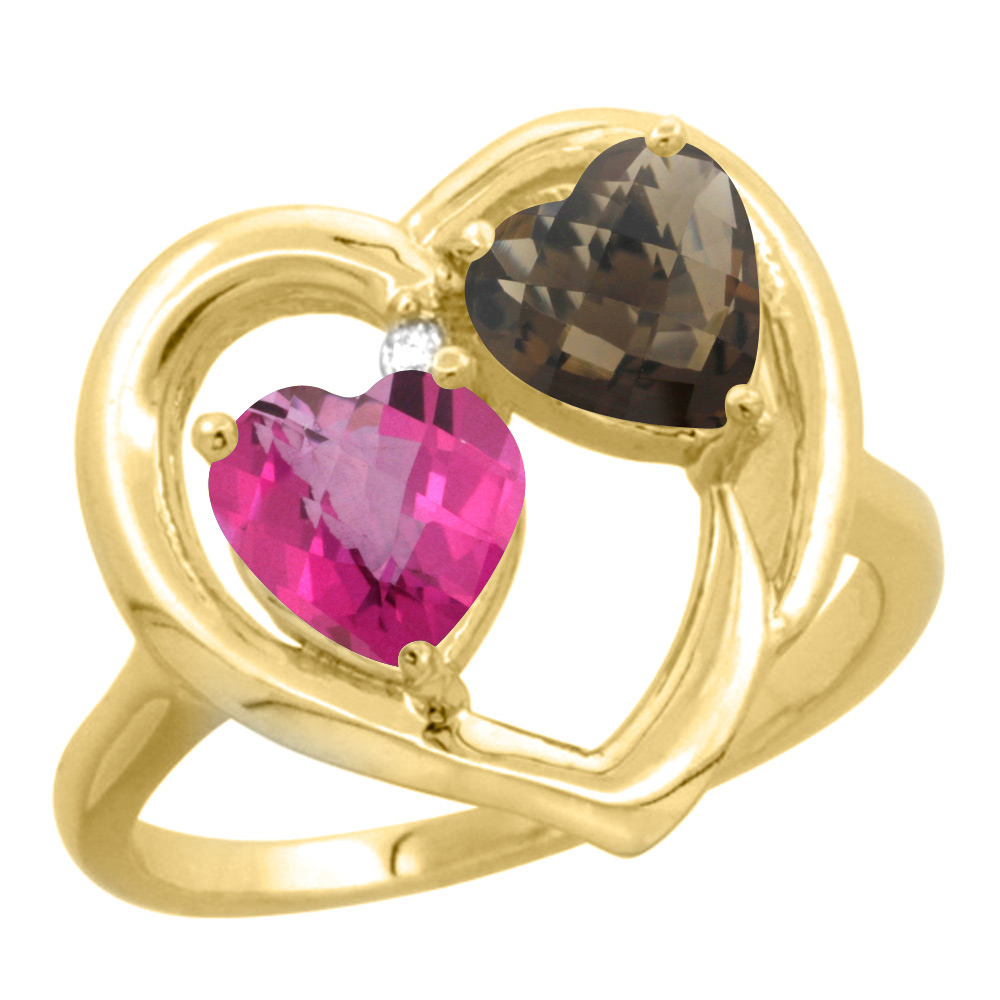 14K Yellow Gold Diamond Two-stone Heart Ring 6 mm Natural Pink & Smoky Topaz, sizes 5-10