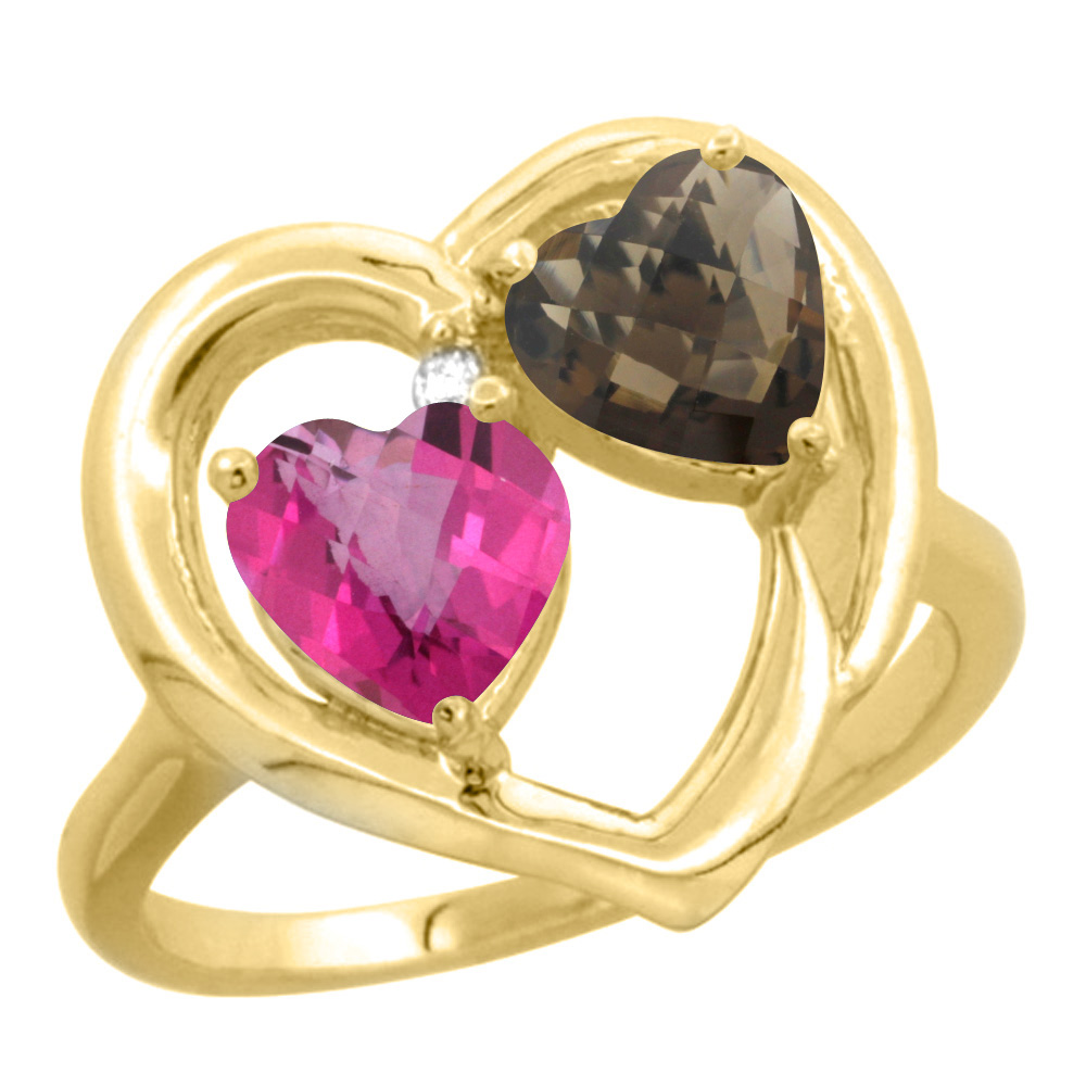 10K Yellow Gold Diamond Two-stone Heart Ring 6 mm Natural Pink & Smoky Topaz, sizes 5-10