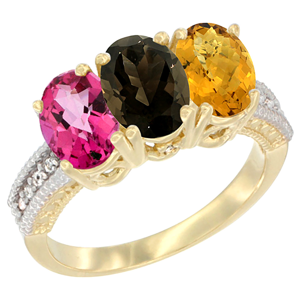 10K Yellow Gold Diamond Natural Pink Topaz, Smoky Topaz &amp; Whisky Quartz Ring 3-Stone Oval 7x5 mm, sizes 5 - 10