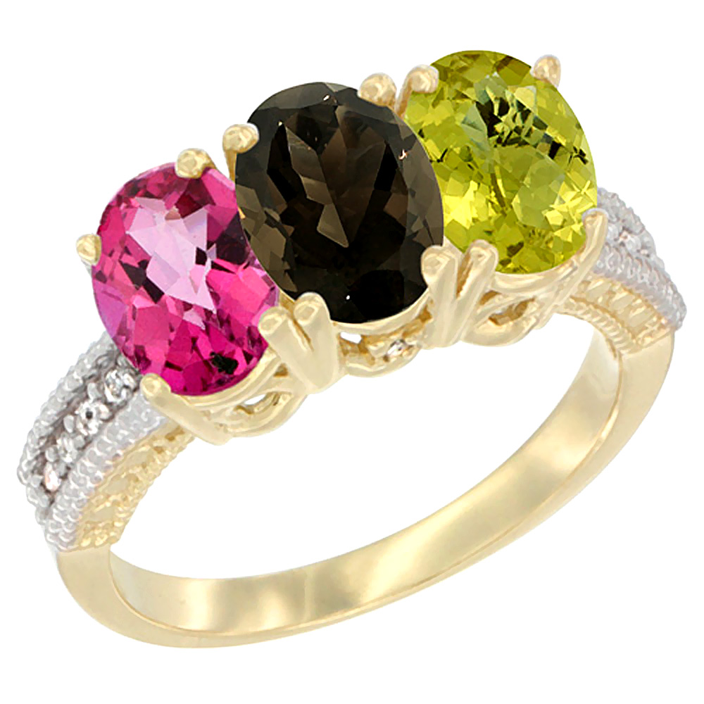 10K Yellow Gold Diamond Natural Pink Topaz, Smoky Topaz & Lemon Quartz Ring 3-Stone Oval 7x5 mm, sizes 5 - 10