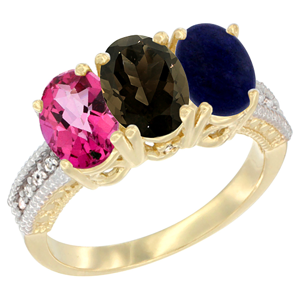 10K Yellow Gold Diamond Natural Pink Topaz, Smoky Topaz & Lapis Ring 3-Stone Oval 7x5 mm, sizes 5 - 10