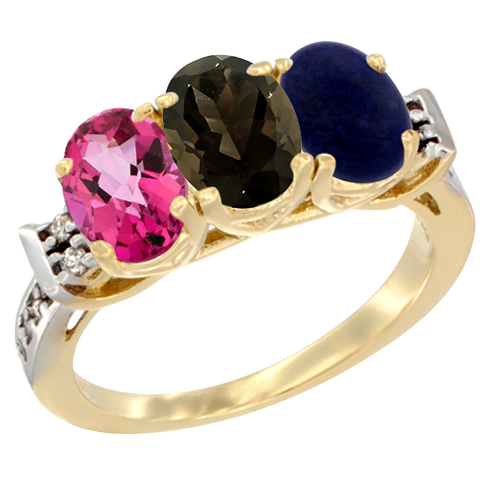 10K Yellow Gold Natural Pink Topaz, Smoky Topaz & Lapis Ring 3-Stone Oval 7x5 mm Diamond Accent, sizes 5 - 10